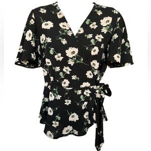 Black & Pink Floral Print Wrap Top - Size M